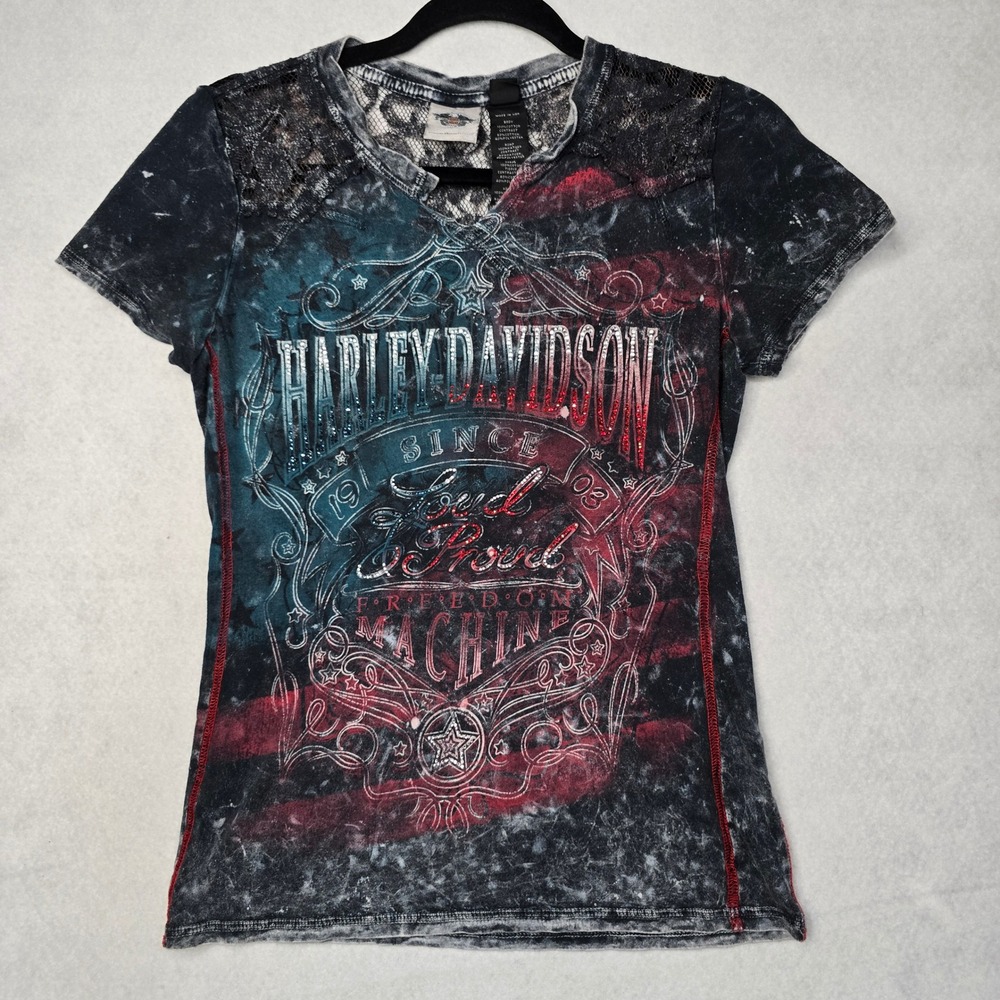 Harley Davidson Womens Lace Accent Rhinestone Graphic Tee Acid Wash Small
